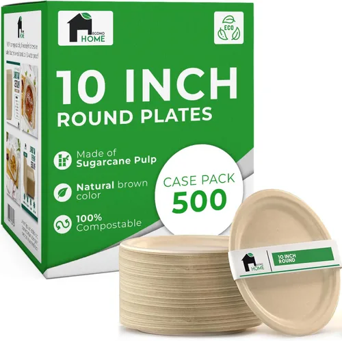 EconoHome Platos de papel compostables de 10 pulgadas, platos desechables ecológicos hechos de fibra de bagazo o caña de azúcar, aptos para