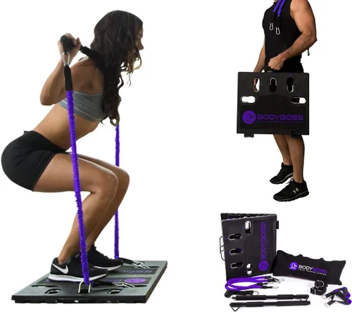 BodyBoss 2.0 – Paquete de entrenamiento portátil completo para gimnasio en casa + bandas de resistencia – Barra de resistencia plegable, asas –