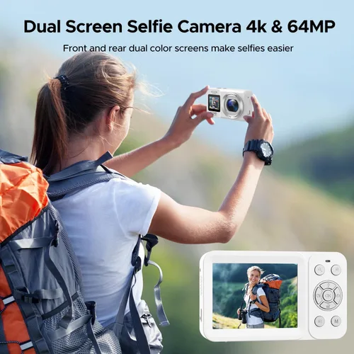 Miniatura 2 de Cámara digital, cámara de doble pantalla 4K 64MP UHD, zoom digital 18X, cámara portátil de apuntar y disparar con tarjeta TF de 32 GB y batería