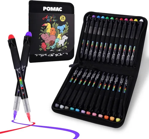 POMAC Rotuladores de pintura acrílica, punta de pincel, 24 colores surtidos para dibujar pintura líquida, impermeable, marcadores acrílicos a base