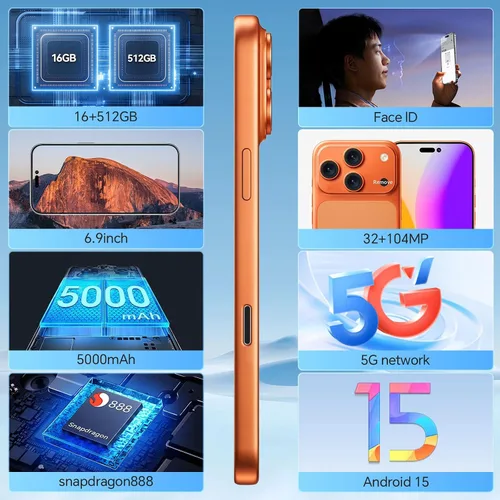 Miniatura 4 de Teléfonos desbloqueados, K17 PM 5G Android 15 Smartphone, 16+512GB Dual SIM Teléfono Celular, Pantalla HD+ de 6.9", Batería de 5000mAh, Cámara