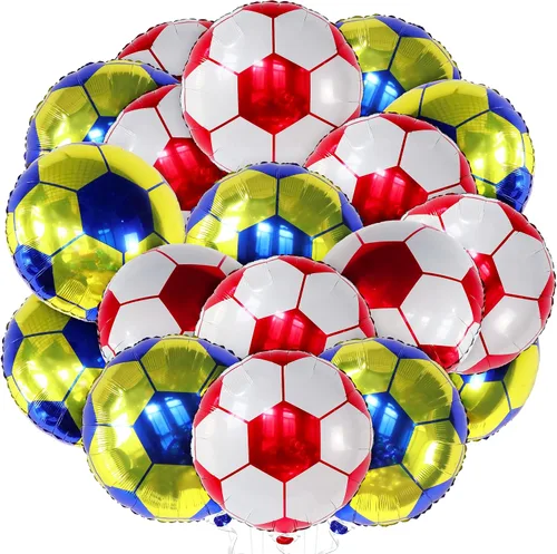 Paquete de 20 globos metálicos de fútbol de 18 pulgadas, suministros de fiesta de cumpleaños de fútbol, globos redondos de papel de aluminio de bola