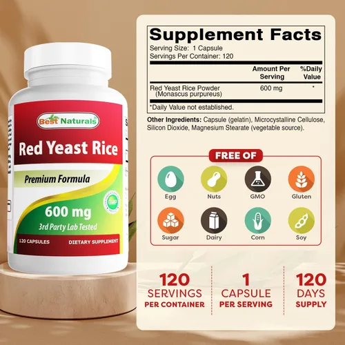 Miniatura 2 de Best Naturals, Arroz de levadura roja, cápsulas de 600 mg, 120 cápsulas, 2 cápsulas por porción/1200 mg por porción