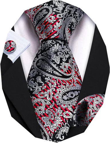 Miniatura 211 de Barry.Wang - Juego de corbata de seda para hombre, diseño de cachemira, pañuelo y gemelos de bolsillo