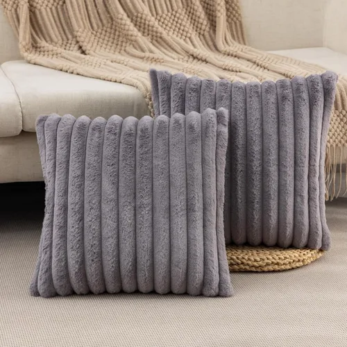Miniatura 8 de ZLINA Juego de 2 fundas de almohada decorativas de piel sintética color albaricoque, fundas de cojín esponjosas a rayas, 16 x 16 pulgadas