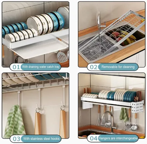 Miniatura 4 de IMPREC Estante de secado de platos colgante, organizador de platos de secado colgante, estante de almacenamiento sobre el fregadero, estante