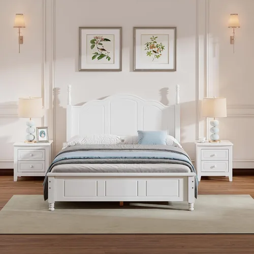 Miniatura 13 de Polibi Juego de dormitorio de 3 piezas con plataforma retro de tamaño matrimonial y 2 mesitas de noche, marco de cama de madera maciza con cabecera