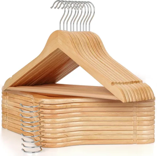 Miniatura 13 de TOPIA HANGER Perchas de madera para abrigos, paquete de 30 perchas de madera negra con barra antideslizante para pantalones, gancho giratorio