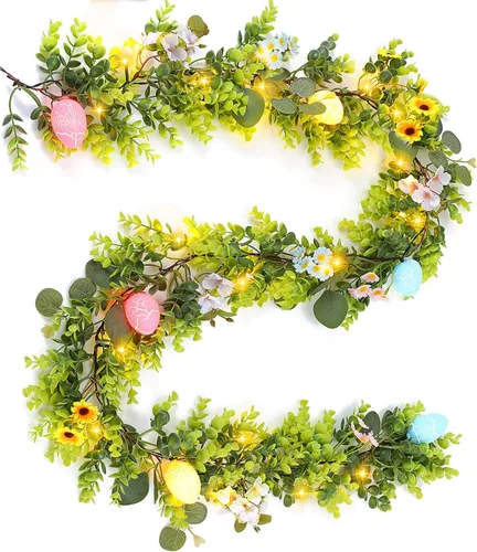 Guirnalda de huevos de Pascua, guirnalda floral de primavera de 6 pies con flores multicolores, eucalipto y huevos, 20 luces LED, temporizador