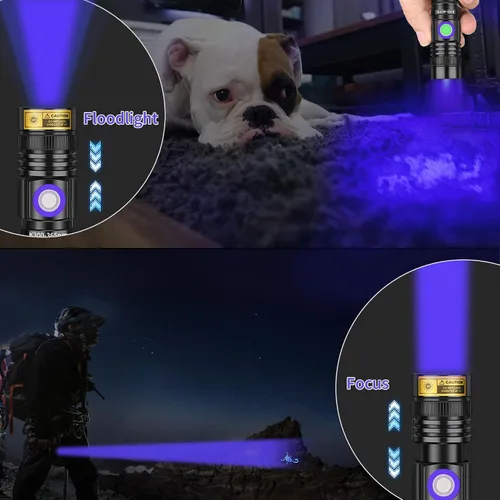 Miniatura 4 de Linterna UV de luz negra recargable por USB de 365nm, mini lámpara Woods portátil de mano con potentes luces LED ultravioleta, enfoque ajustable