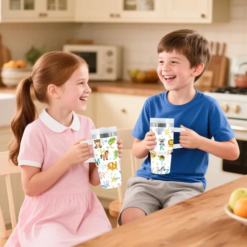 Miniatura 5 de Vaso de 405 ml para niños con alfabeto de animales con asa, popote y tapa, vaso aislado de acero inoxidable, cosas con letras del abecedario