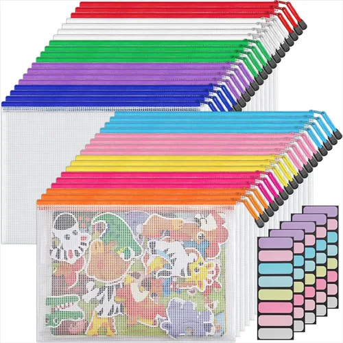 JARLINK Paquete de 36 unidades tamaño carta A4 10 colores con cremallera de malla para documentos, bolsas de malla para juegos de mesa y