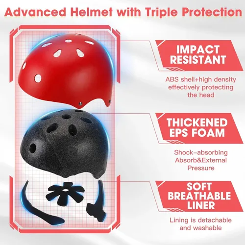 Miniatura 2 de Conjunto de casco de bicicleta para niños pequeños con rodilleras, casco de ciclismo ajustable para niño y niña, equipo de protección Rojo