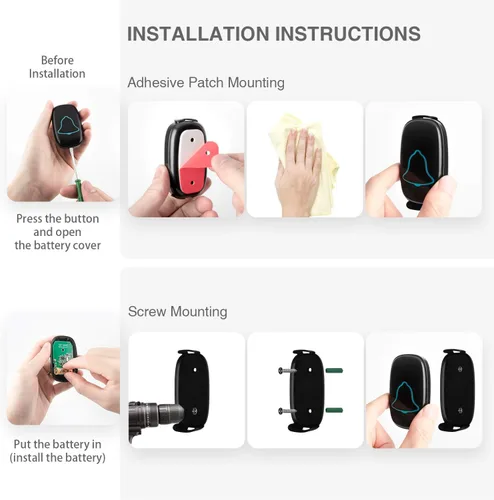 Miniatura 6 de BO YING - Timbre inalámbrico para puerta, impermeable, fácil de instalar, alcance de 1000 pies, 38 melodías, volumen ajustable y flash LED, 1 botón