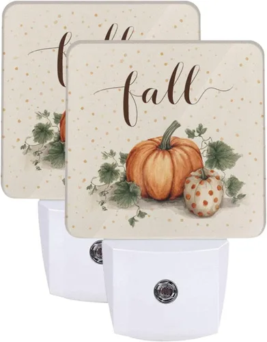 Miniatura 24 de Paquete de 2 luces LED de noche enchufables con diseño de calabazas de Acción de Gracias, sensor automático, hojas de otoño, juego de 2