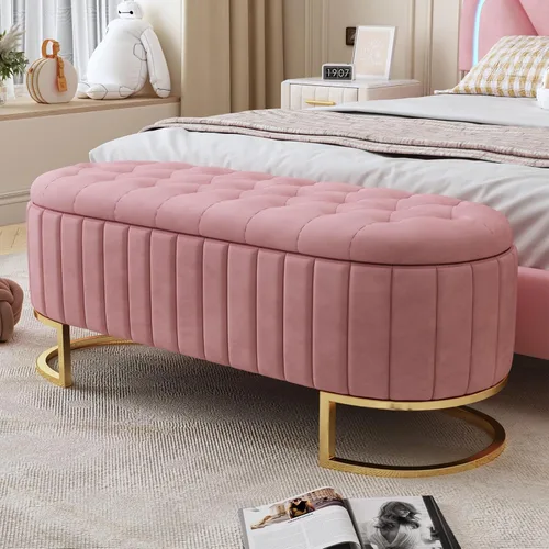 CALABASH Banco otomano de almacenamiento rosa para el extremo de la cama, patas doradas, banco moderno de terciopelo con botones, acolchado tapizado
