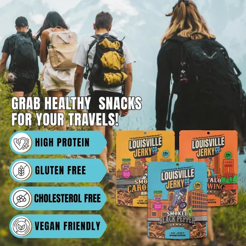 Miniatura 3 de Louisville Vegan Jerky - Carolina ahumada, carne seca apta para vegetarianos y veganos, 0.59 onzas de proteína de soja sin OMG, 300 calorías por