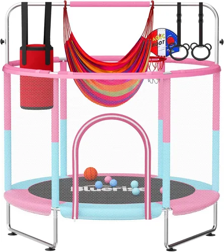 Bluerise - Cama elástica de 55 pulgadas/6 pies, para niños, juego interior y exterior, con canasta de baloncesto para cama elástica, malla de Rosa /