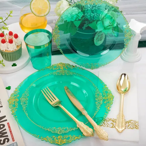 Miniatura 6 de Hioasis 175 platos de plástico verde transparente, elegante juego de vajilla desechable adecuado para 25 invitados, incluye platos de cena de 10.25