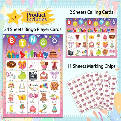 Miniatura 6 de Juego de bingo de cumpleaños, 24 jugadores, fiesta de cumpleaños, juegos de bingo de cumpleaños, tarjetas de bingo de feliz cumpleaños, tarjetas