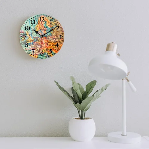Miniatura 6 de Reloj de pared de madera con mapa del mundo antiguo, estilo nostálgico, Atlas histórico, diseño vintage, impresión de madera, reloj de pared