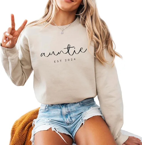 Verita Culture Sudadera de manga larga con cuello redondo para mujer, diseño de tía, estampado de letras gráficas, color arena