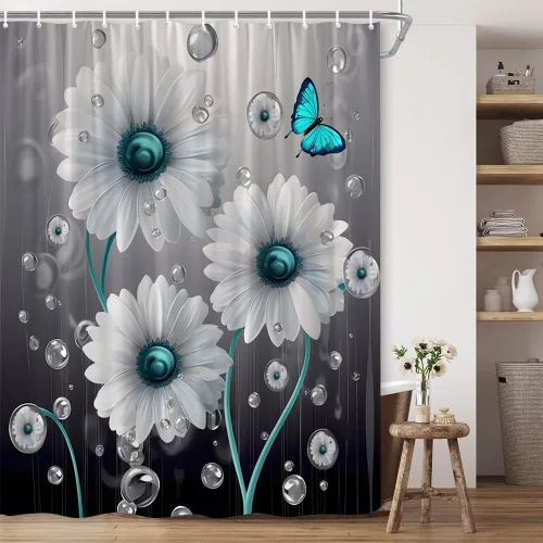 Cortina de ducha con diseño de margaritas, diseño de flores blancas, con diseño de gotas de lluvia, color gris, rústica, con gancho