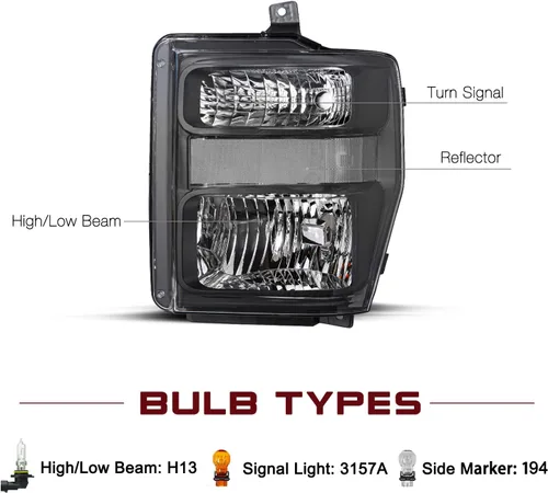 Miniatura 2 de JSBOYAT Juego de focos delanteros de repuesto con bombillas para Ford F250 F350 F450 F550 Super Duty 2008-2010. Carcasa negra con reflector