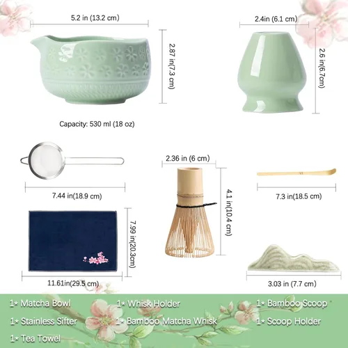 Miniatura 5 de Buucup Juego de batidor de matcha, juego de cerámica matcha incluye cuenco matcha, batidor y soporte de matcha, cuchara de bambú, soporte para Verde