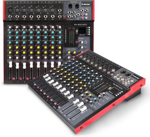 G-MARK MK800MP3 Mezclador de audio profesional Placa de sonido 8 canales Consola de mezcla con reproductor de MP3+48V Phantom Power Digital USB