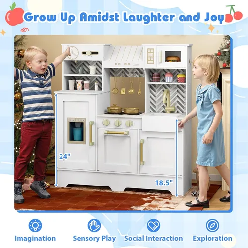 Miniatura 8 de Costzon Juego de cocina para niños, juego de cocina para niños pequeños con estufas, grifo, fregadero, máquina de café, campana extractora, horno