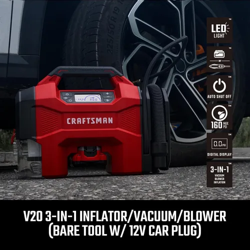 Miniatura 2 de CRAFTSMAN Inflador/Vacío/Soplador 3-EN-1, Compresor de Aire Portátil con Luz LED, Vacío o Soplador Silencioso para Coche, RV, Camión, 160 PSI, 12V