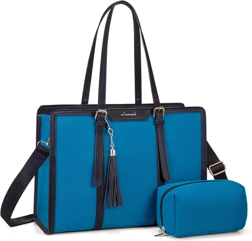Miniatura 16 de LOVEVOOK Bolsa para laptop para mujer, bolsa de lona ligera de 15.6 pulgadas, bolsa grande para computadora, con bolso de mano, para negocios, Beige