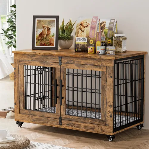 Miniatura 19 de Lulive Muebles de Jaula Grande para Perros, Mesa Auxiliar de Jaula para Perros de Madera de 38'', Perrera para Perros de Doble Puerta