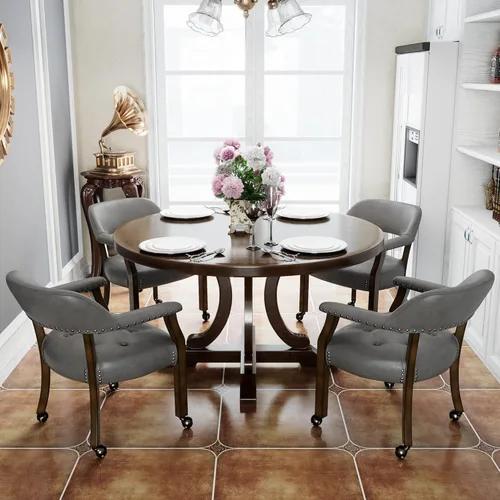 Miniatura 21 de Juego de 8 sillas de cuero de comedor con ruedas y brazos, silla de capitán Accent con ruedas, sillas de madera con ruedas enrollables para cocina