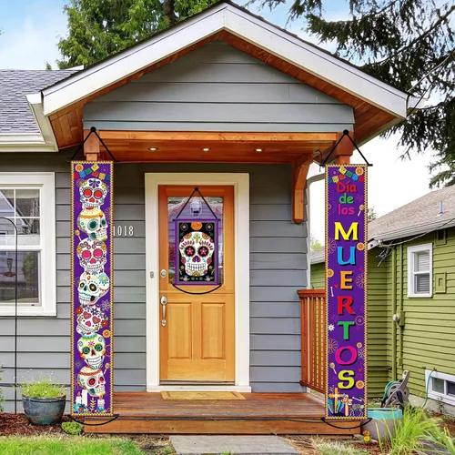 Miniatura 8 de Juego de 3 pancartas de decoración del Día de los Muertos para fiesta mexicana, decoración del Día de los Muertos, letrero de porche, bandera