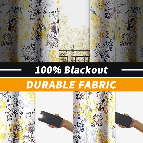 Miniatura 2 de Cortinas DriftAway 100% Blackout Amarillas y Blancas para Sala de Estar, Dormitorio, Cocina, 84 Pulgadas de Largo, Paneles Botánicos con Flores
