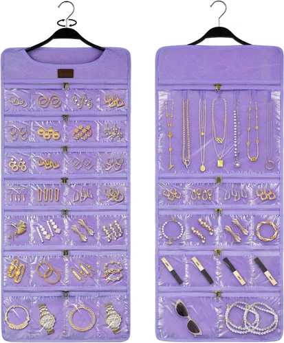 Miniatura 10 de SMRITI Organizador de joyas colgante con bolsillos dobles con cremallera, lona de doble cara giratoria para colgar collares, organizador de pared
