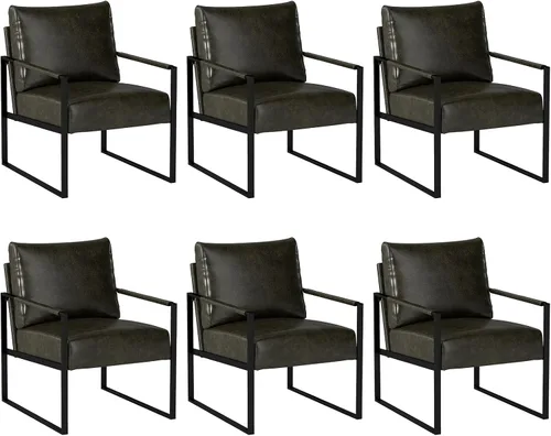 Miniatura 11 de INZOY Silla decorativa de cuero con marco de metal, cómoda silla de sala de estar con respaldo y cojín, silla moderna de mediados de siglo con Marrón