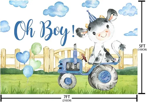 Miniatura 5 de Sendy Telón de fondo de baby shower de vaca sagrada de 7 x 5 pies para niño Oh Baby Farm temática de decoración de fiesta, suministros de hierba