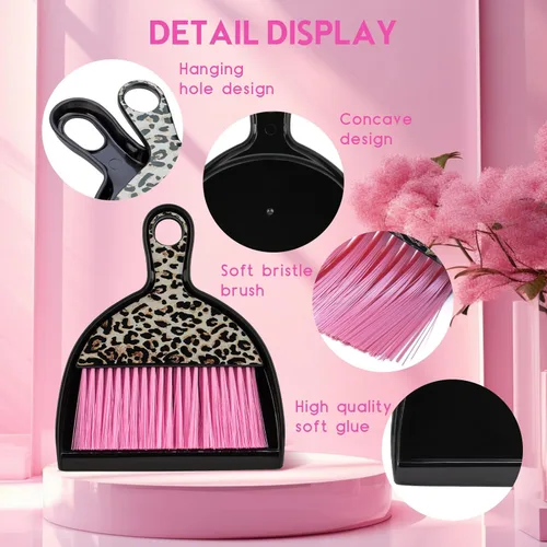 Miniatura 4 de THINKLEARN Juego de 2 mini recogedores y cepillos, juego de escoba pequeña y recogedor con diseño de estampado de leopardo rosa, escoba de mano