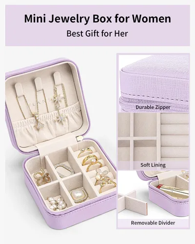 Miniatura 40 de Vlando Regalos de boda – Organizador de viaje de joyería pequeña de piel sintética, estuche de viaje para anillo, mini joyero para aretes, collar