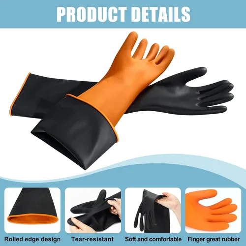 Miniatura 3 de 22" Guantes de látex resistentes a los productos químicos reutilizables, guante de goma largo resistente de trabajo para lavar platos, guante