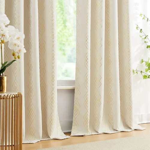 Miniatura 7 de Cortinas 100% opacas para dormitorio, cortinas metálicas geométricas de diamante en oro sobre blanco 63 pulgadas de largo, cortinas oscuras