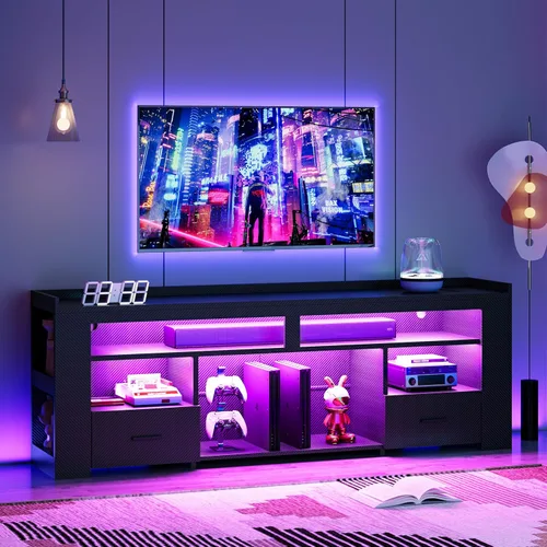 Miniatura 10 de IRONCK Soporte de TV para TV de 65 pulgadas, centro de entretenimiento de fibra de carbono con 2 cajones, estación de carga y luz LED RGB, consola