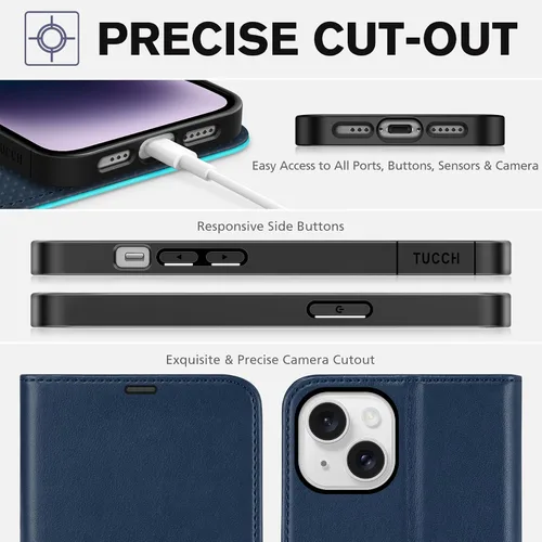 Miniatura 8 de TUCCH Funda tipo billetera para iPhone 14, [Bloqueo RFID] [4 ranuras para tarjetas] Funda protectora interior de TPU, funda abatible magnética