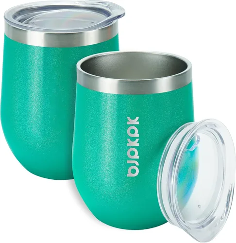BJPKPK 2 vasos de vino aislados de 12 onzas, tazas de café al vacío de doble pared de 12 onzas con tapa, vasos de vino de acero inoxidable A-verde