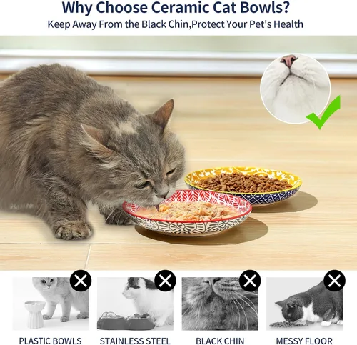 Miniatura 4 de Selamica Cuencos de cerámica para gatos, 6 pulgadas de ancho poco profundos para aliviar la fatiga de los bigotes, juego de 4, colores surtidos