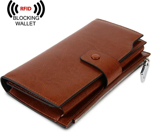 Miniatura 3 de YALUXE Cartera de piel auténtica para mujer, con bloqueo RFID, tarjetero múltiple con bolsillo para teléfono celular