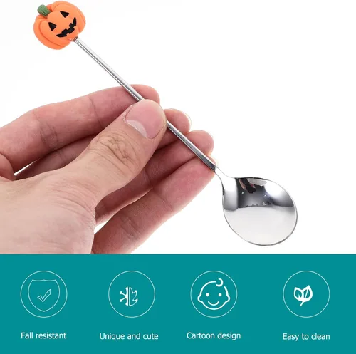 Miniatura 4 de UPKOCH Juego de 6 cucharas de calabaza de Halloween con forma de calabaza de acero inoxidable para café y postre de 4.9 pulgadas, utensilios